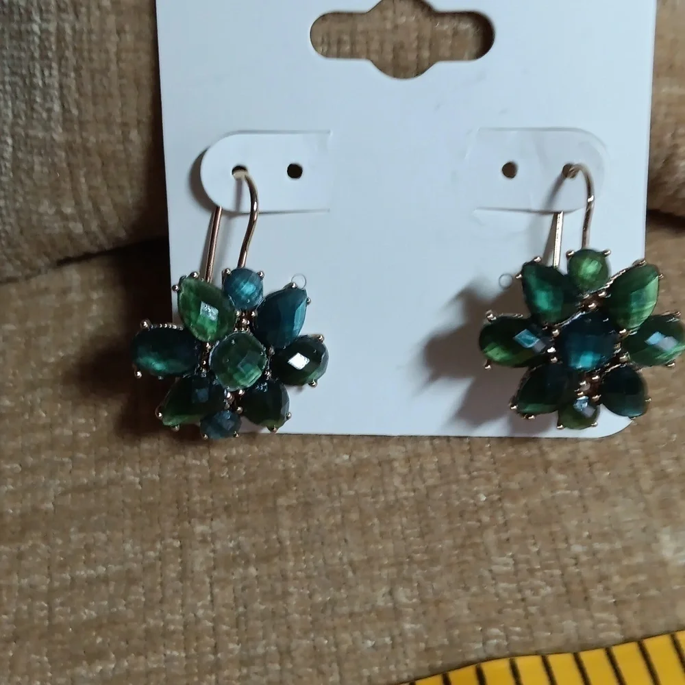 Liz Claiborne Gold Tone Blue/Green Rhinestone Flower Drop Earrings
